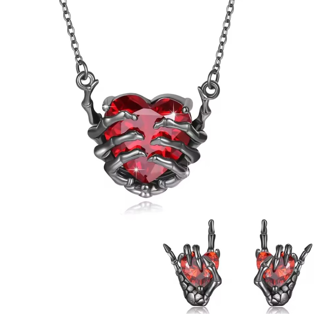 Black Gun Metal Rhodium Skeleton Hands Heart Necklace & Earrings Halloween Goth - Picture 3 of 12